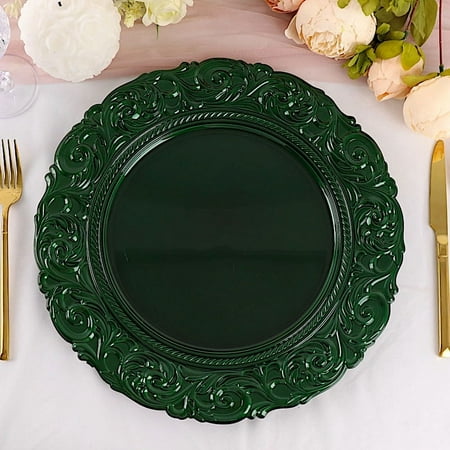 

BalsaCircle 24 Hunter Green 14 Metallic Acrylic Wooden Textured Round Baroque Plastic Charger Plates