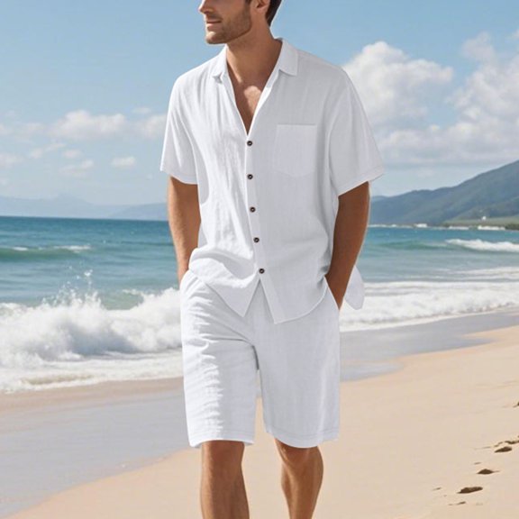 Timegard Summer Outfits for Men Button down Shirts Shorts Loose Lightweight 2 Piece Lounge Sets