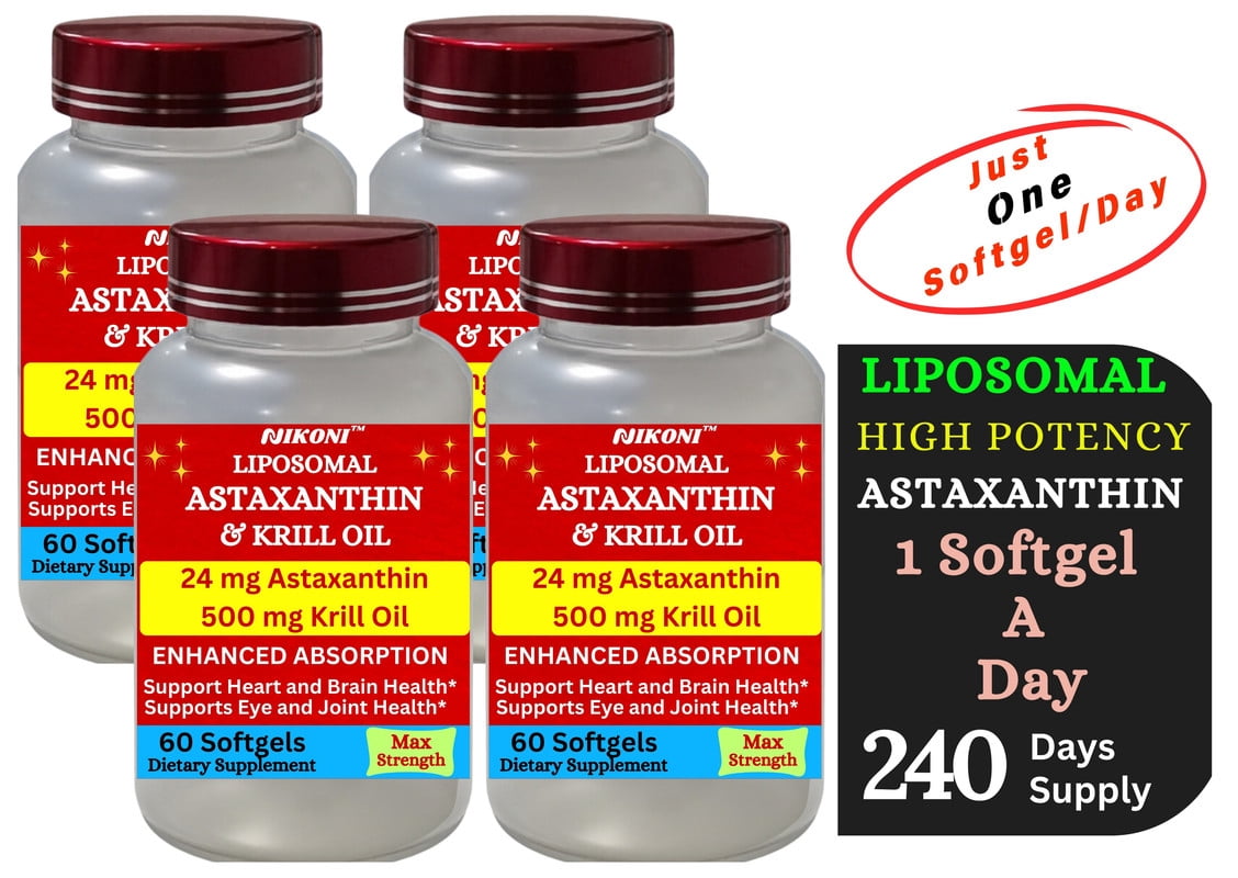 Nikoni Liposomal Astaxanthin & Krill Oil 24 mg Antioxidant with Omega-3s Supports Cellular, Joint, and Heart Health 240 Softgels