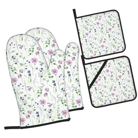 

Balery Watercolor Wildflower Pattern Oven Mitts and Pot Holders 4 pcs Set Kitchen Oven Glove High Heat Resistant 500℉ Oven Mitts with Non-Slip Silicone Surface