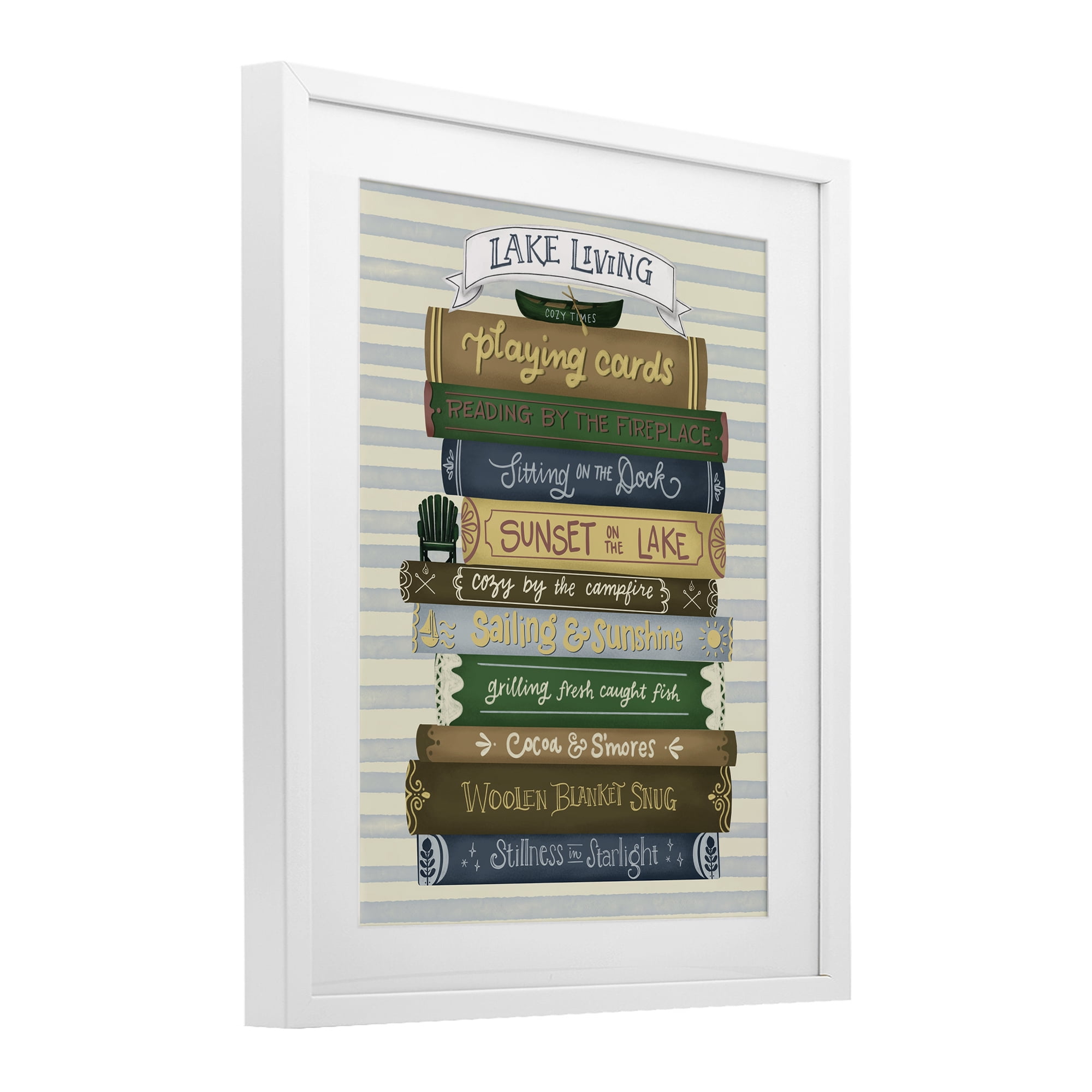 Stupell Industries Lake Living Book Stack White Framed Print Under Glass, design by Giao Williams