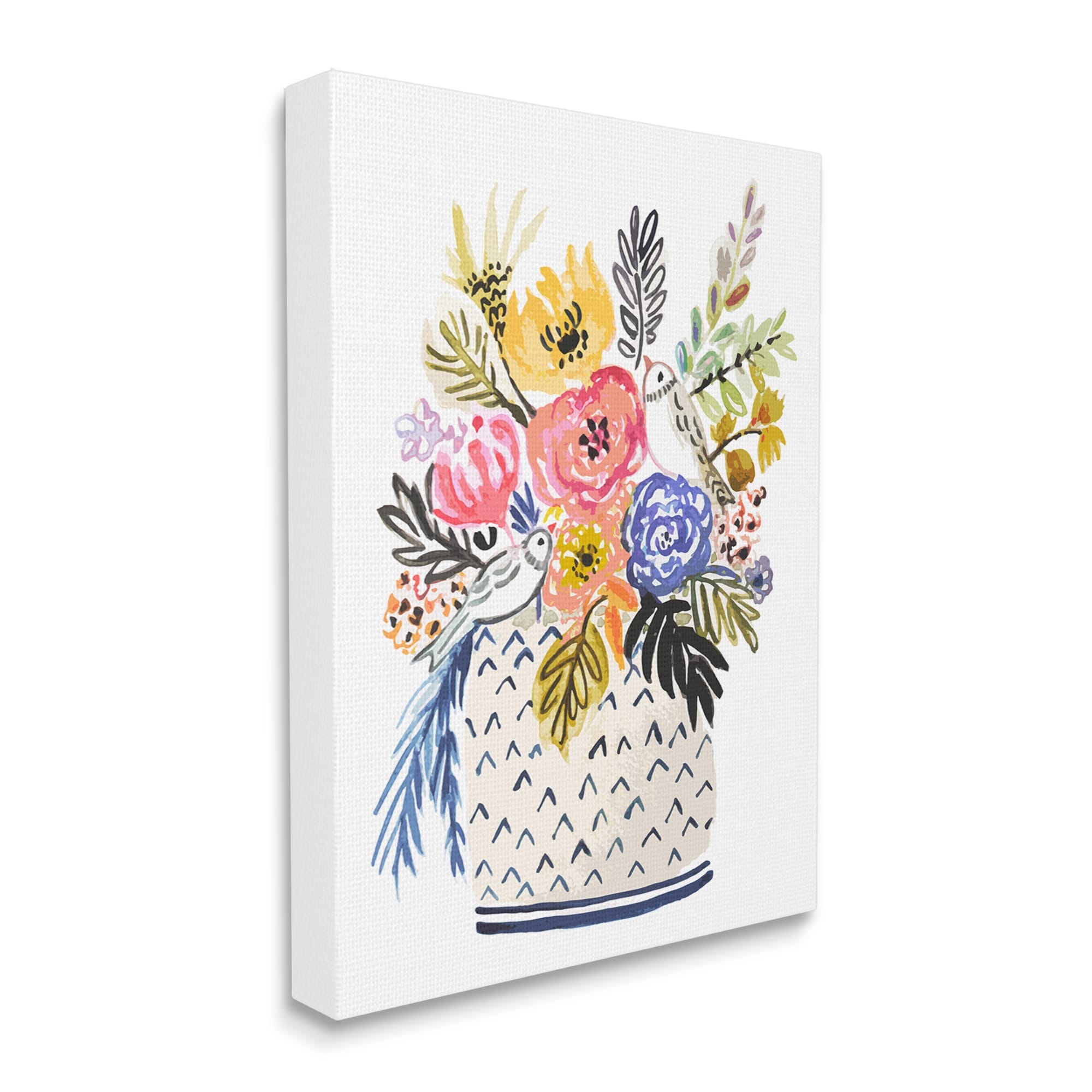 Stupell Birds Perched Fun Floral Blossoms Botanical & Floral Painting Gallery Wrapped Canvas Print Wall Art