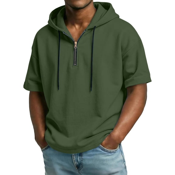 CCRFTGI Short Sleeve Hoodies for Men Big and Tall Solid Hooded T-Shirts Quater Zipper Drawstring Summer T Shirts Trendy Athletic Tee Tops Army Green M