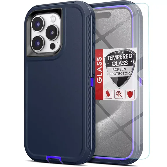 Starshop iPhone 16 case, With Tempered Glass Protector, Shockproof Protection Rugged Hybrid Drop Belt Clip Cover Blue