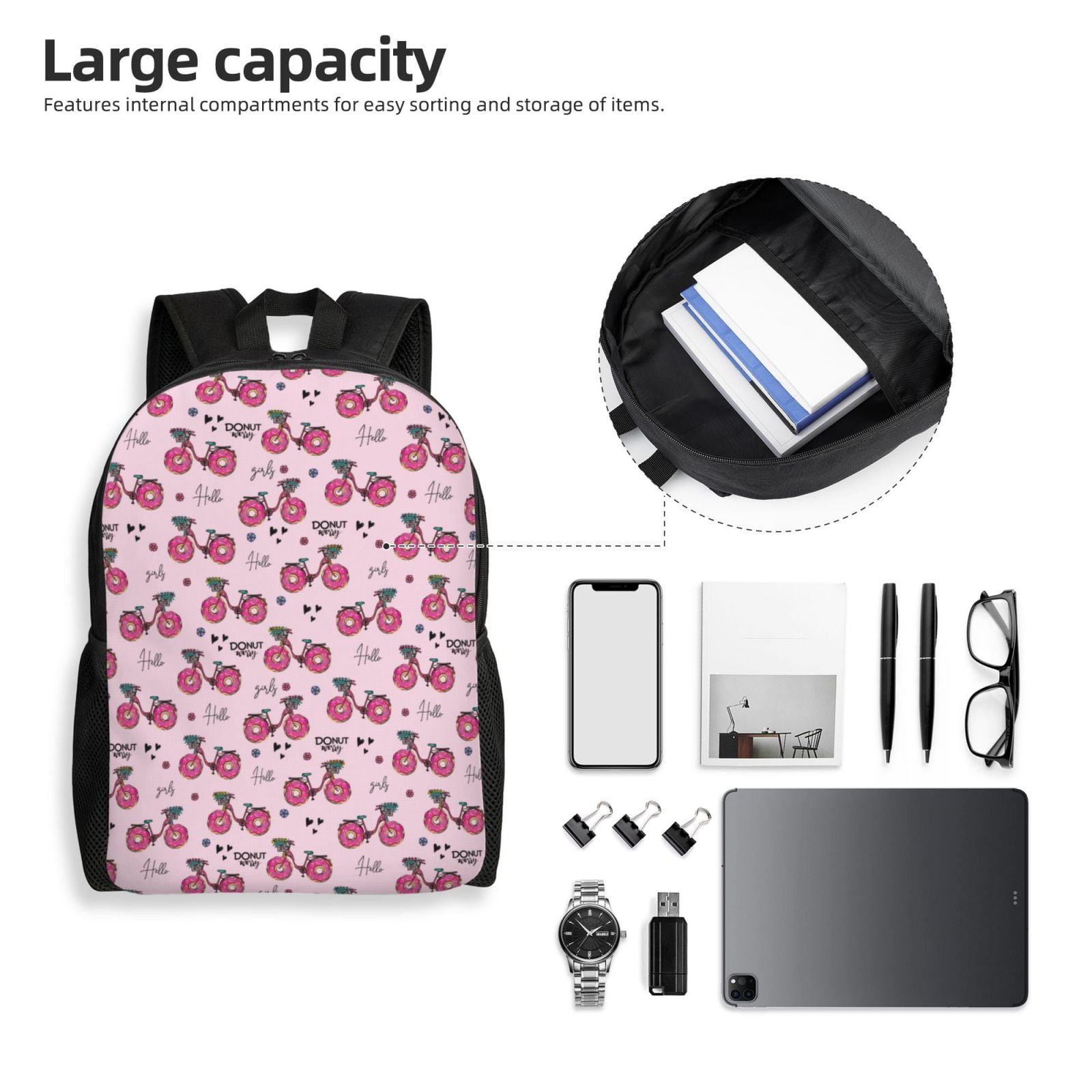Xecao Bike with Donut Wheels Print School Backpack with Laptop Compartment Small Travel Laptop Backpack for Women Men Waterproof College Backpack Simple School Bag