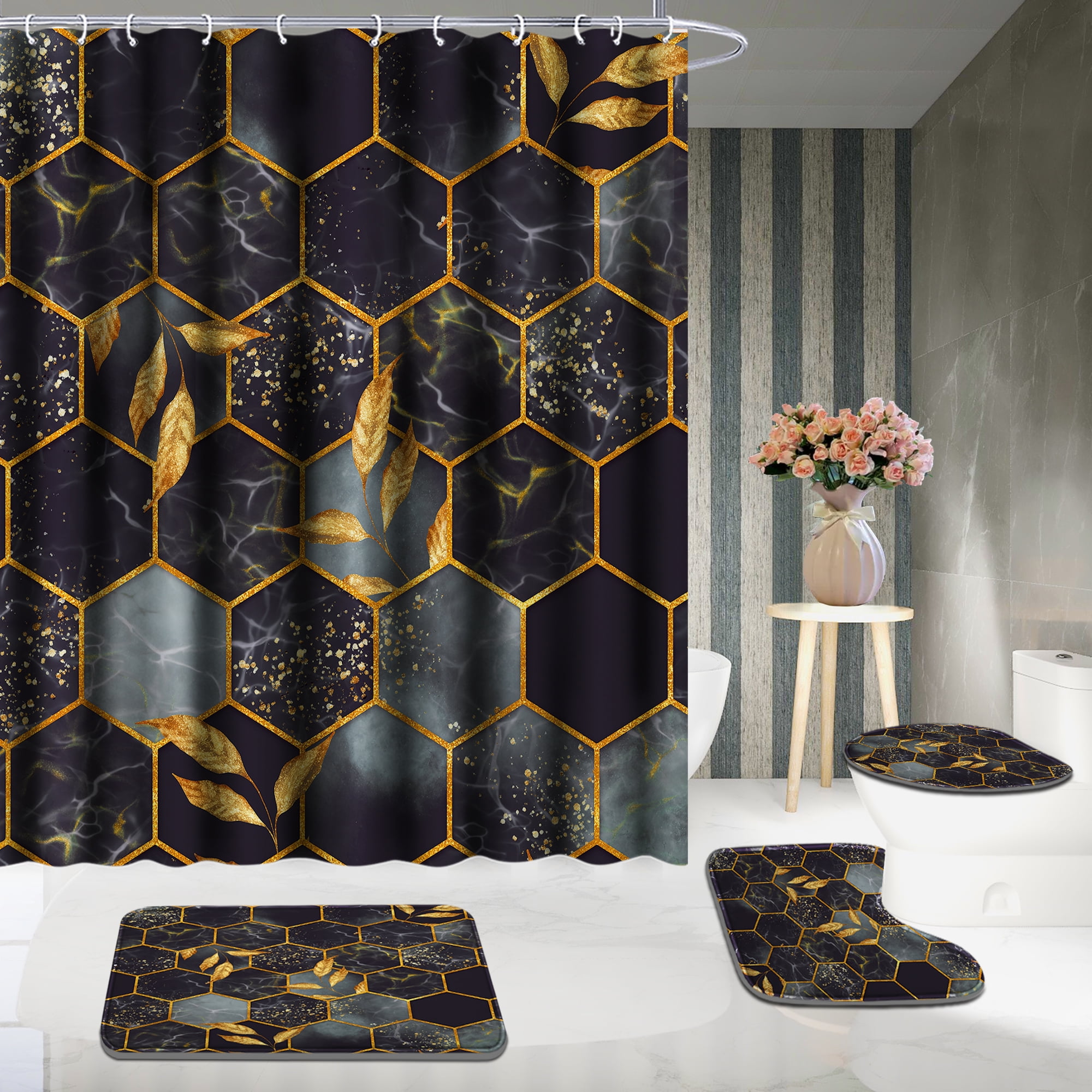 Poedist 4Pcs Marble Bathroom Sets with Shower Curtain and Rugs, Marble Shower Curtain Set with Non-Slip Rugs,Toilet Lid Cover,Bath Mat and 12 Hooks,71 x 71 Inch, Black Honeycomb Marble