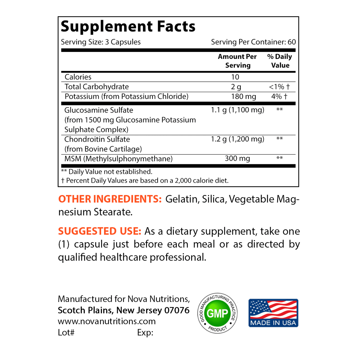 Nova Nutritions Triple Strength Glucosamine Chondroitin MSM 2600mg/Serving Capsules, Supports Healthy Joint, Cartilage and Connective Tissue - Promotes Joint Comfort & Flexibility 180 Count