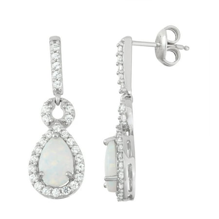 Created Opal and Created White Sapphire Sterling Silver Drop Earrings