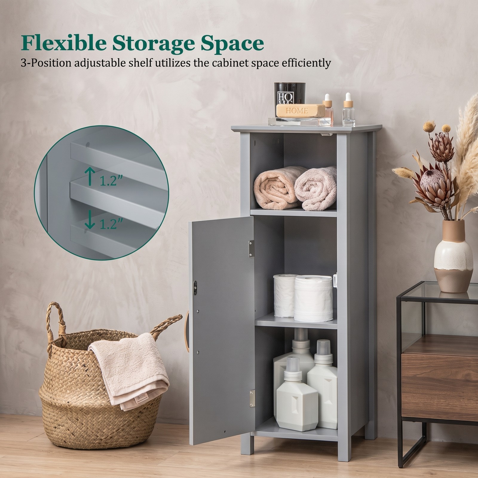 Fenbeli Freestanding Bathroom Storage Cabinet, 2-Tier Floor Organizer with Open Shelf and 1-Door Compartment, Anti-Tip MDF Corner Storage Unit for Bathroom, Gray