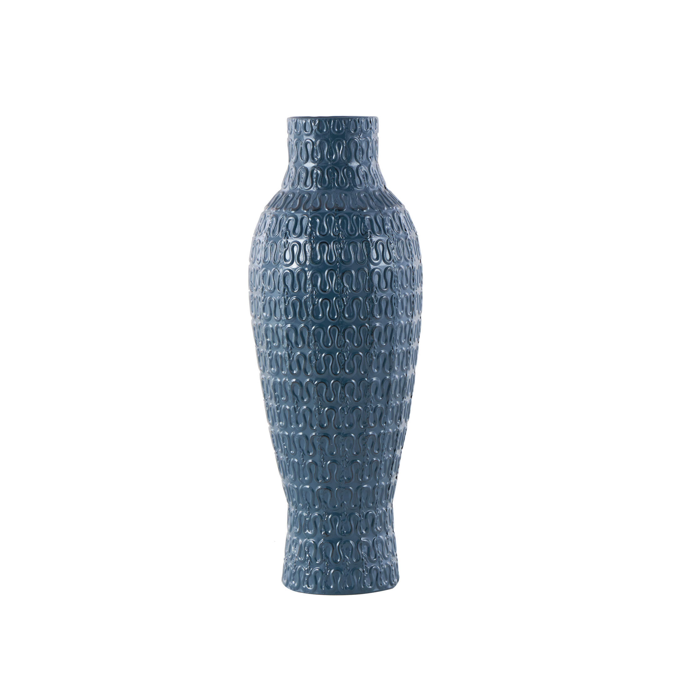 DecMode 24" Dimensional Textured Dark Blue Metal Vase with Wavy Pattern