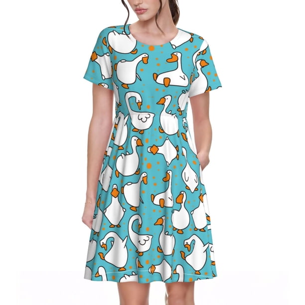 Balery Cartoon Funny Goose Vestidos sueltos de manga corta para mujer, vestidos de verano 2025, vestidos casuales de corte A con vuelo.
