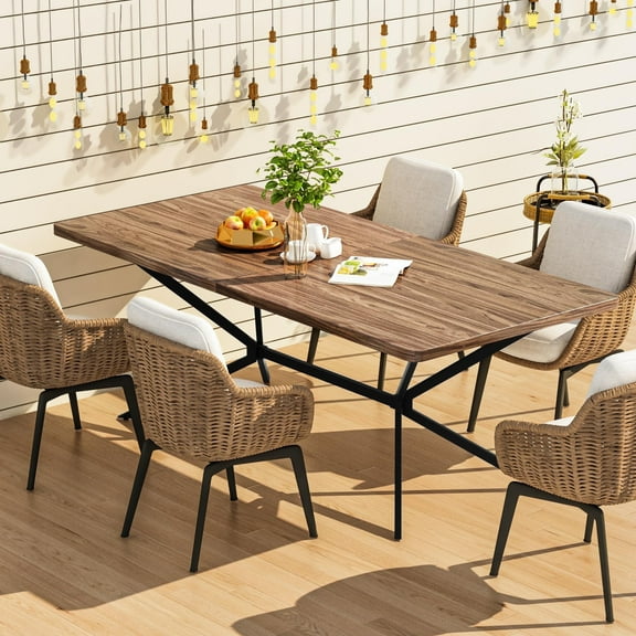 Baxluxe Mid Century Modern Dining Table 70.8 Inch, 6-8 Person Rectangular Kitchen Table with X-Shaped Metal Legs, Wooden Surface Coffee Tables for Living Room, Dining Room, Breakfast Nook, Brown