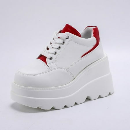 

Christmas Ladies Fashion Leather Colorblock Round Toe Lace Up Wedge Platform Casual Shoes