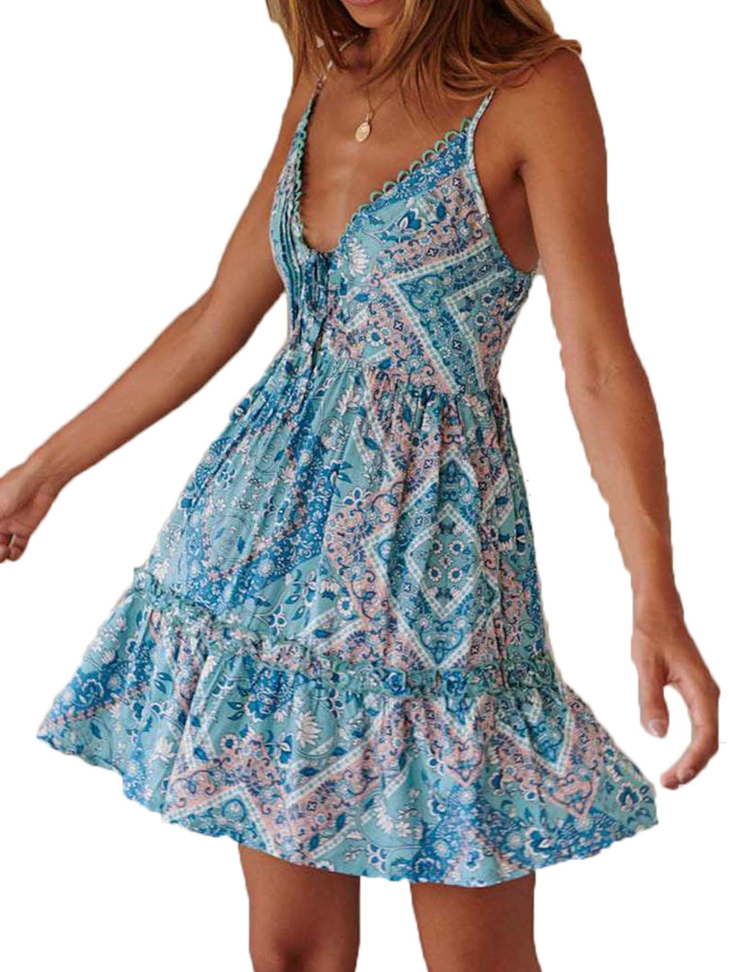 Eyicmarn - Womens Boho Floral Short Mini Dress Party Beach Summer ...