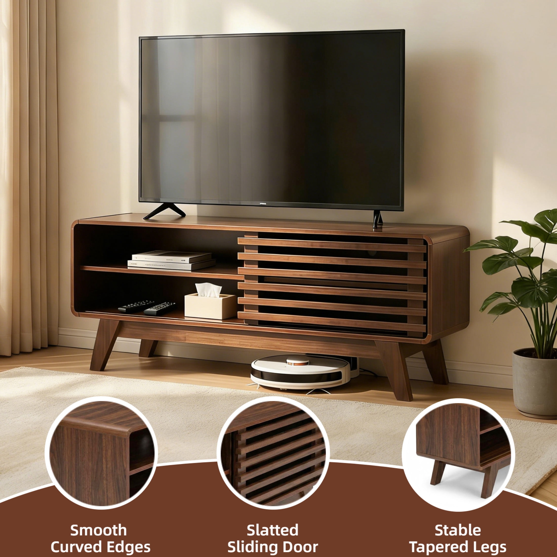 Noble House 46" TV Stand with Sliding Doors, Mid-Century Media Console for Living Room, Entertainment Center, Walnut