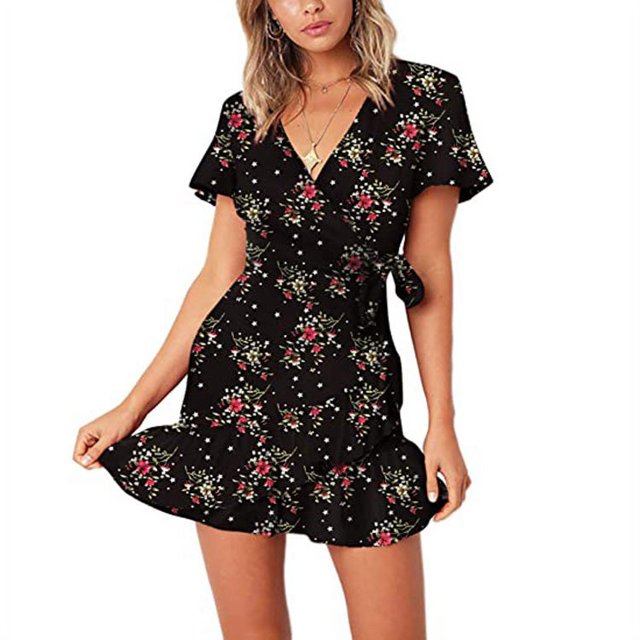 Femmes Été Wrap V Cou Polka Dot Imprimer Volant à Manches Courtes Mini Robe Florale avec Ceinture, T9, S