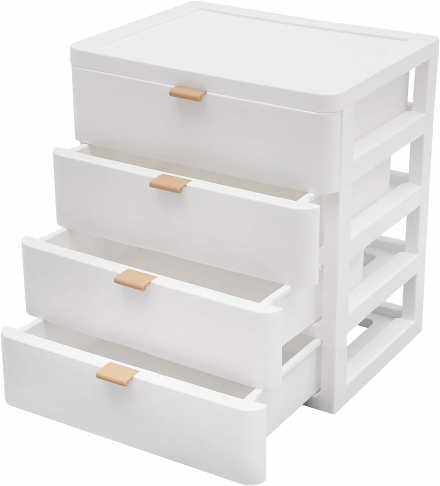 MIDOQIN Desk Organizer with 4 Drawer, Wood Desktop Storage Box, Stackable Storage Drawers for Storing Various Office Supplies