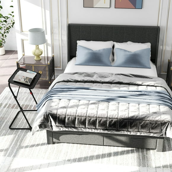Homy Casa Upholstered Queen Bed Frame with Portable Bedside Tray Table