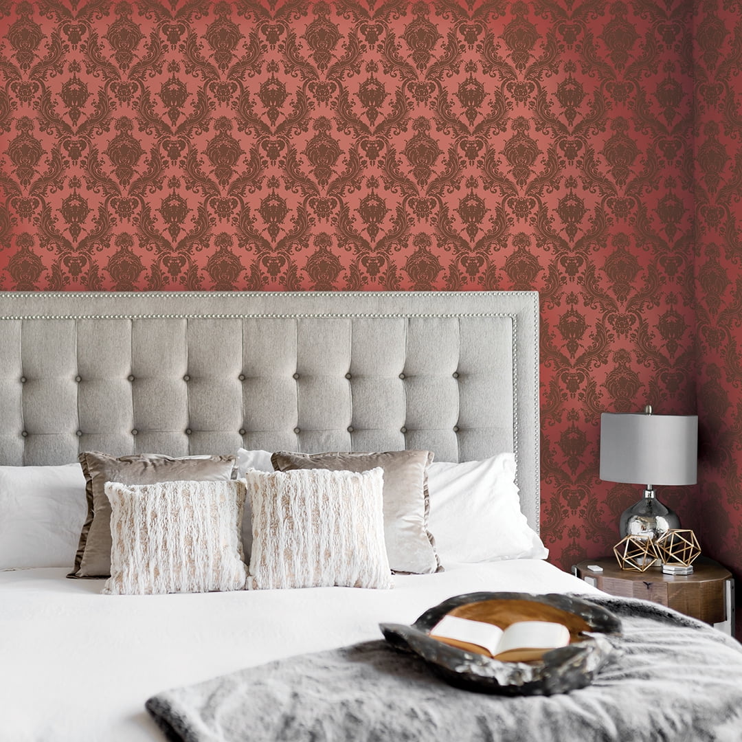 Tempaper Textured Damsel Metallic Red Peel and Stick Damask Wallpaper, 20.5" x 16.5'