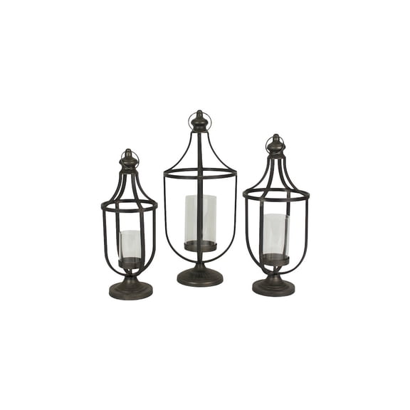 SET OF THREE METAL LANTERNS WITH GLASS INSERT