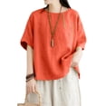 thumbnail image 5 of Women's Cotton Linen Blouse, Round Neck Embroidered Short Sleeve Top, Loose Fit Casual Tunic for Summer, Boho Chic Shirt and Everyday Wear-Orange, 5 of 5