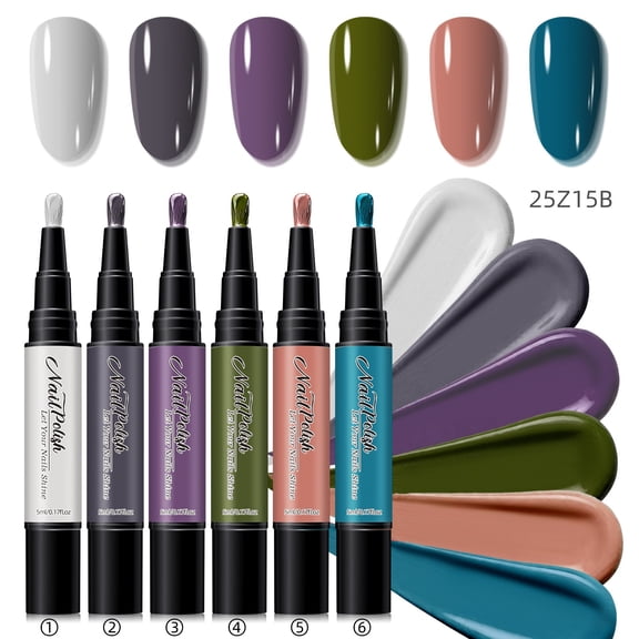 Nail Polish Pen Set, Water Based Nail Art Polish 6 Colors, Quick Dry Nail Art Pens with Brush Tip No UV Lamp Needed for DIY Home Manicure