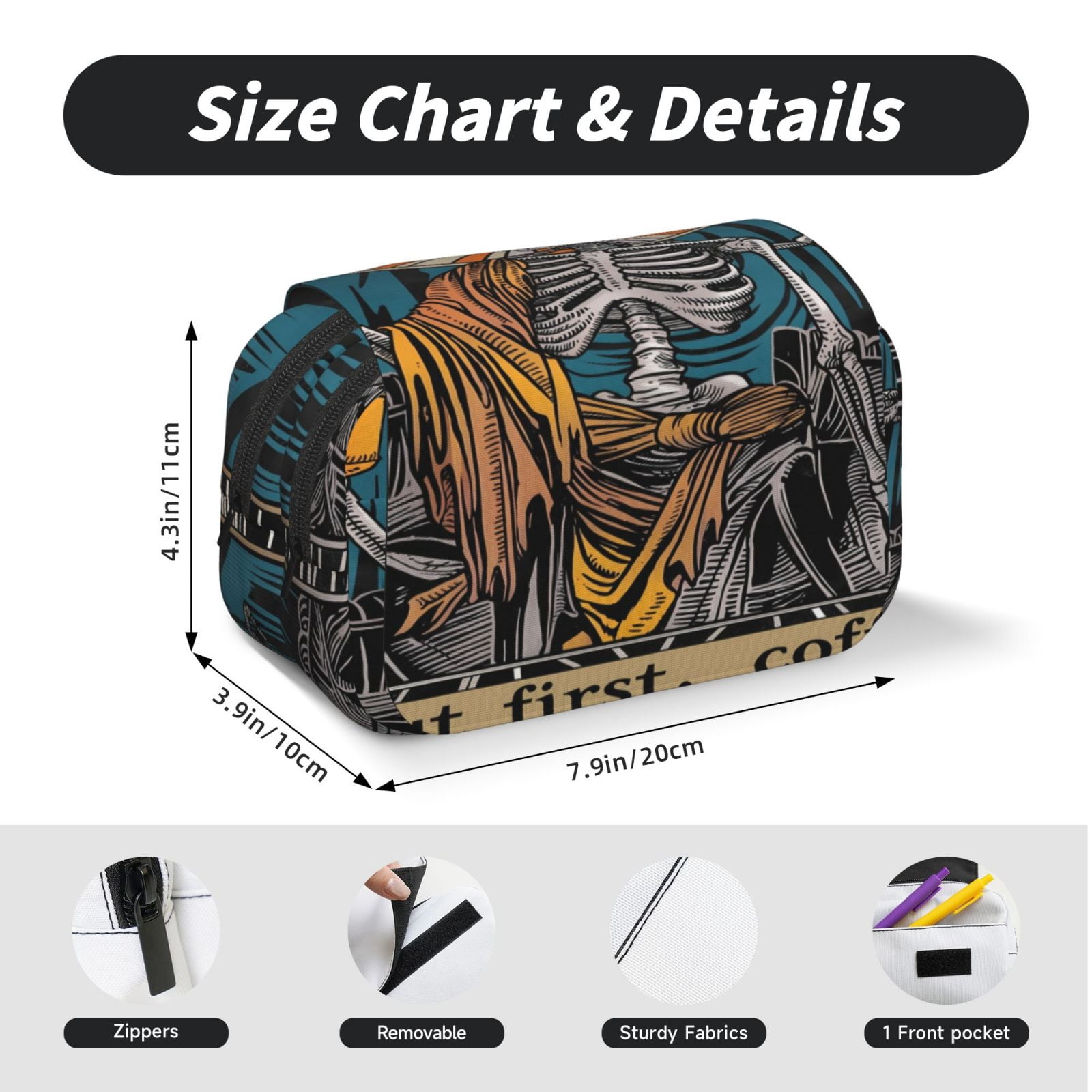 Rateoe Coffee-Drinking Skull Pattern Double Clamshell Pen Case, Storage Organizer with Two Zipper Compartments– Holds Up to 50 Pencils & Pens