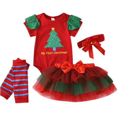 

Baby Girl Christmas Short Sleeve High Waist Floral Headband Flared Princess Skirt