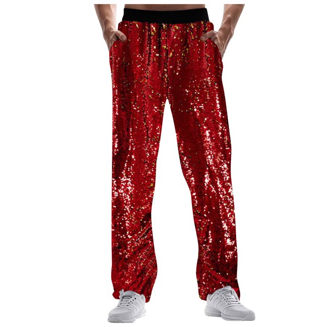 Wdgfv Mens Sequin Pants Disco Outfit Elastic Waist Drawstring Rave Trousers Sequin Joggers Trousers with Pockets