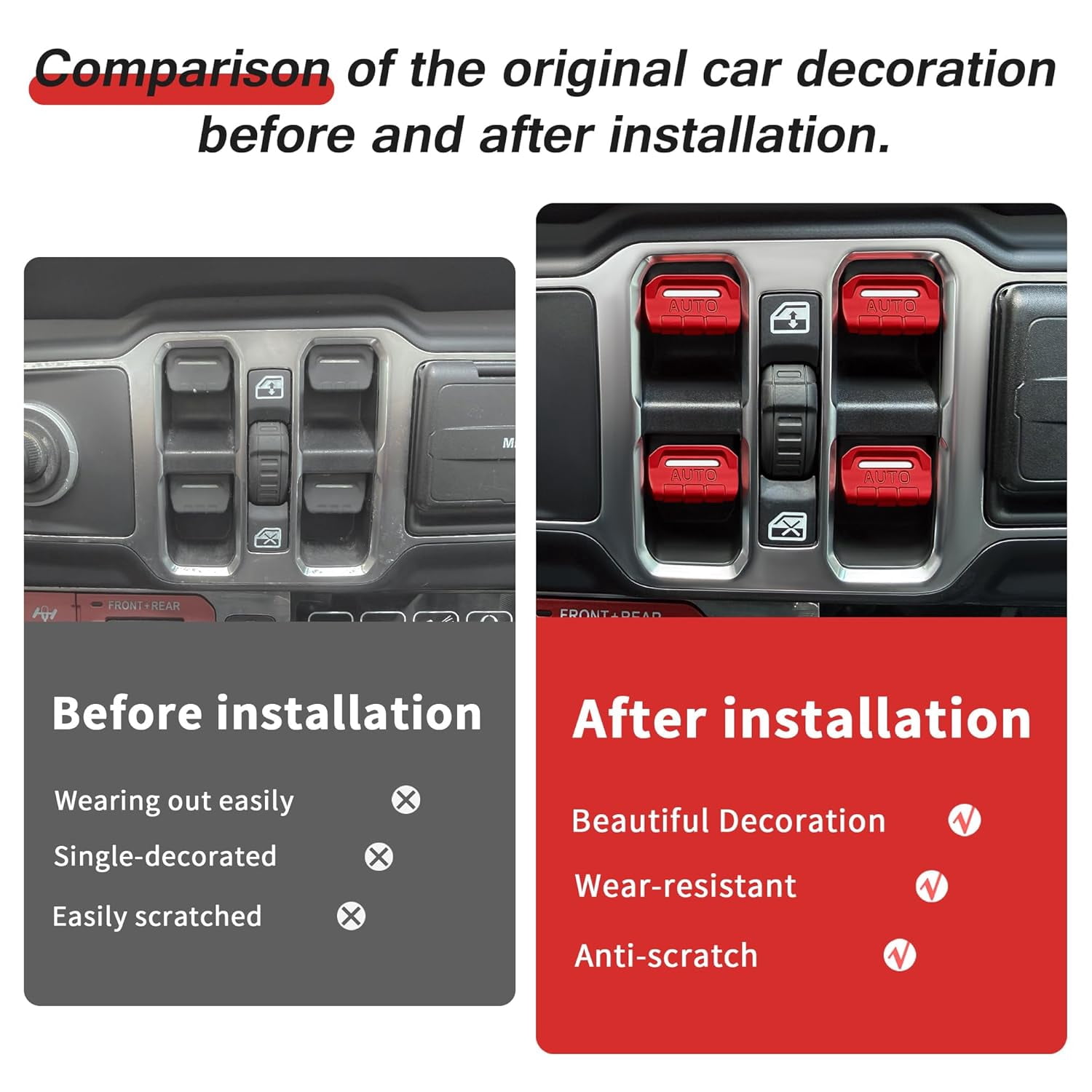 4PCS Premium Aluminum Window Decorative Switch Ring Trims Button Cover Set for Jeep Wrangler JL JLU 2018-2025 2026 & Gladiator JT 2020-2026 Accessories - Metal Finish, Interior Upgrade (Red)