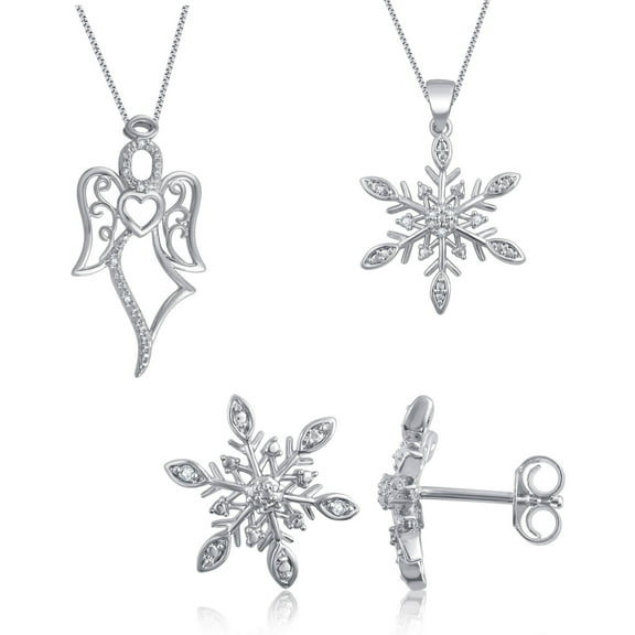 Rhodium Plated Brass Diamond Accent 3 Piece Fashion Jewelry Set with Snowflake Earrings and Pendant and Angel Pendant