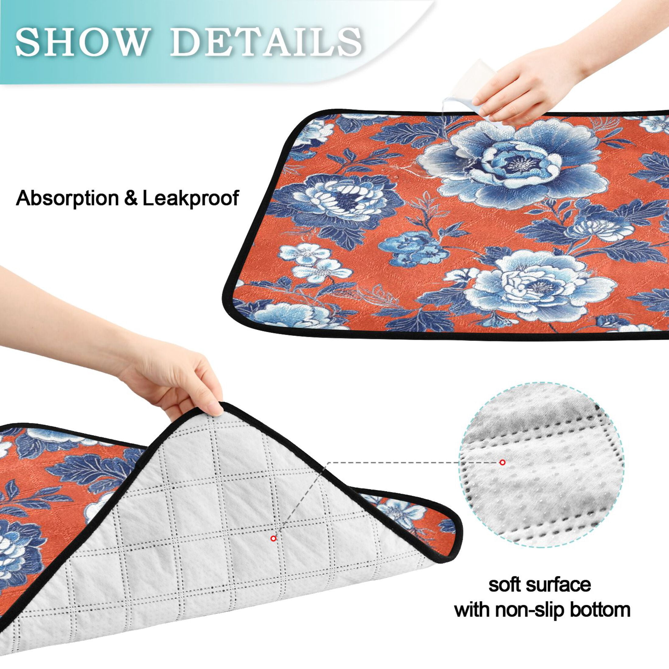 Qxltty Navy Blue Porcelain Flower Pattern Cat litter Pads Pet Set of 2 Diaper Mats Center Anti-leakage Layer Absorbent Soft and Comfortable