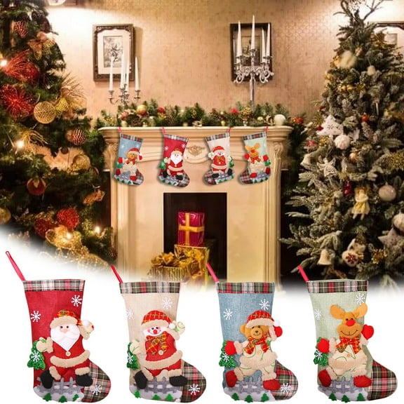 12" Christmas Stocking Classic Large Stockings Santa Snowman Reindeer Bear Xmas Character for Family Holiday Christmas Party Decorations