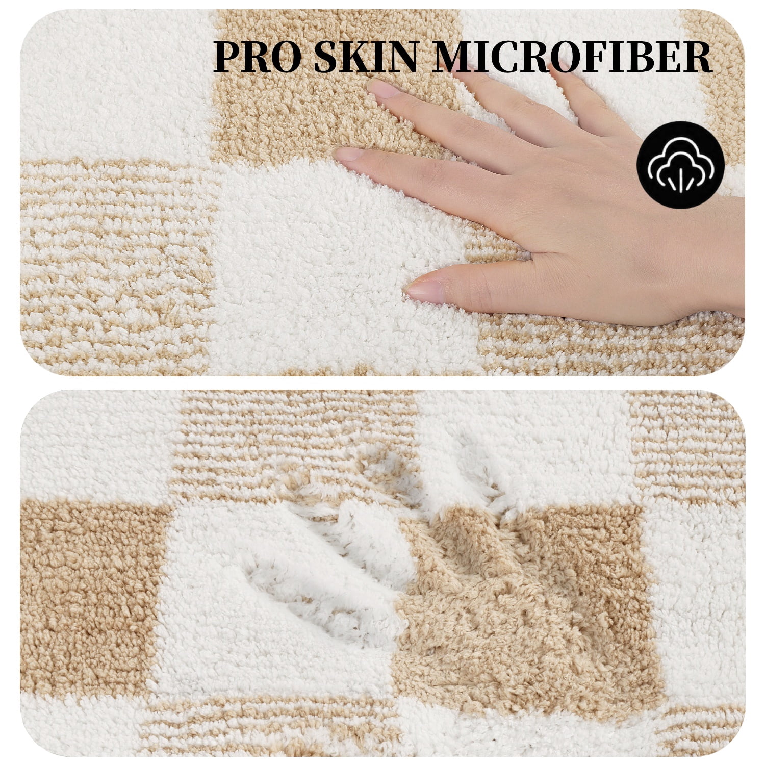 Bathroom Rugs, Yamaziot Checkered Beige Bath Rugs Runner with Toilet Mat, Non Slip Water Absorbent Microfiber, 3 Count