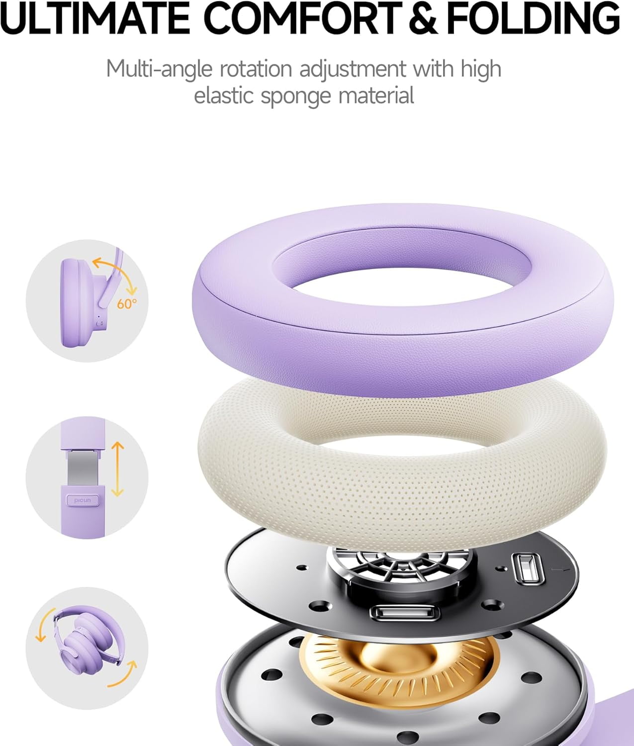 Picun B8 Bluetooth Headphones, 120 Hours Headphone Wireless Bluetooth, Hands-Free Calls, 3EQ & Game Mode, Foldable Headphones Over Ear for Travel Home Office Cellphone PC Purple