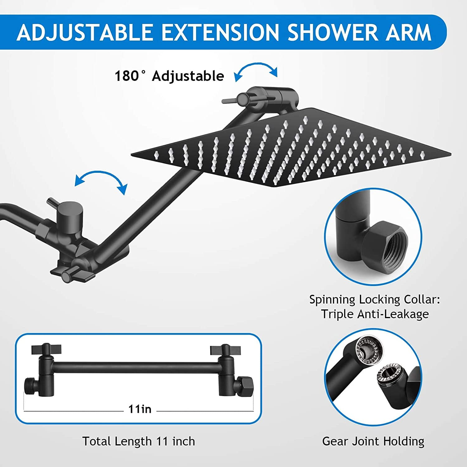 KINGTACK shower head combo, 12 Inch Rain Shower Head with Adjustable Extension Arm and 5 Spray Filtered Shower Head, Black