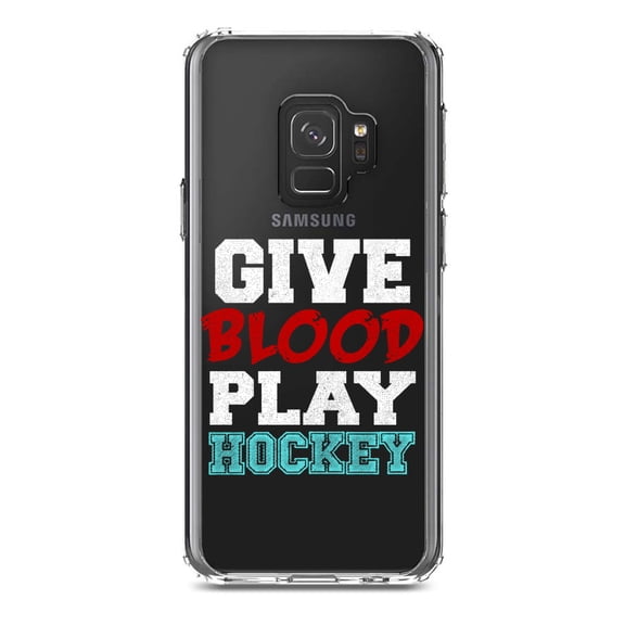 DistinctInk Clear Shockproof Hybrid Case for Samsung Galaxy S9 (5.8" Screen) - TPU Bumper Acrylic Back Tempered Glass Screen Protector - Give Blood Play Hockey