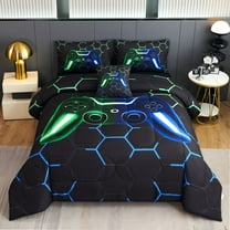 RYNGHIPY 6Pcs Queen Comforter Set Blue Green Gaming Bedding Sets for Boys Gamepad Geometric Bed in a Bag Game Bed Comforter Set for All Season (Green-Blue, Queen)