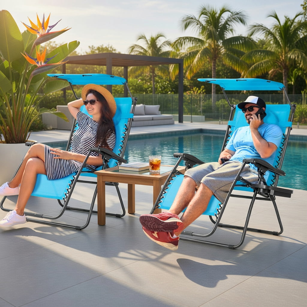 Hommoo Folding Recliner Lounge Chair with Adjustable Sun Shade Canopy, Removable Cup Holder & Headrest, Steel Frame, Turquoise