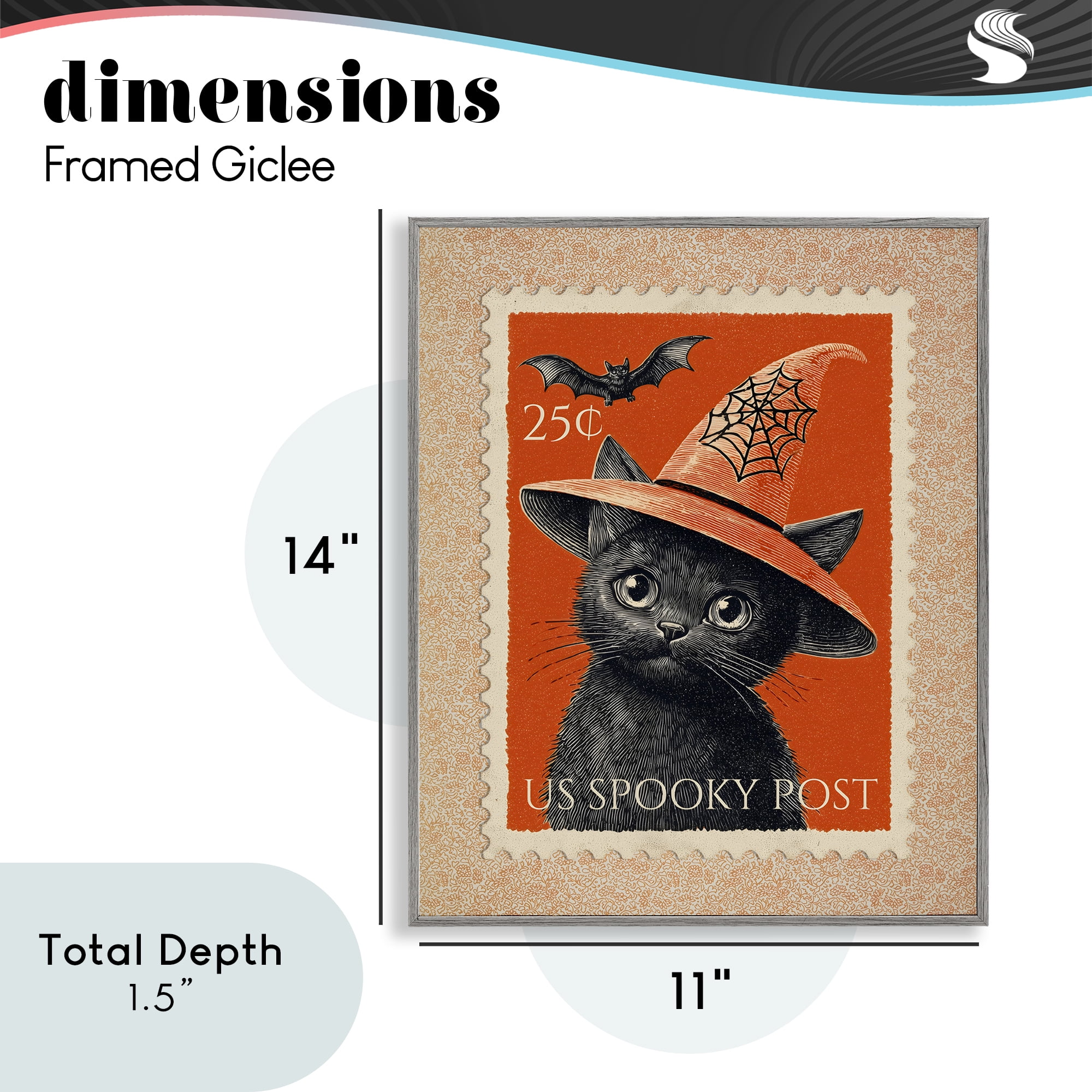 Vintage Black Cat Stamp Gray Framed Giclee Art, design by Arlington Prints