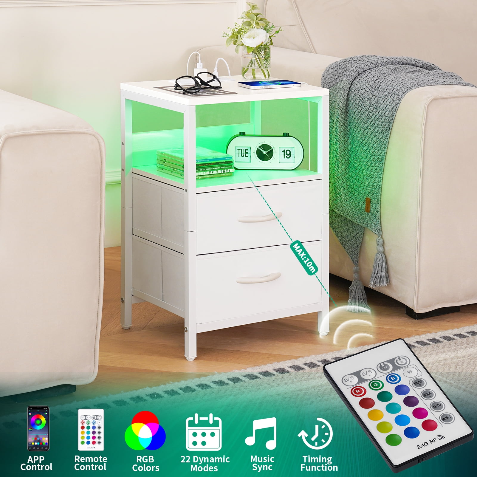 Nightstand with Charging Station, Small Night Stand Fabric Drawers and Storage Shelf for Bedrooms, Nightstands Spaces, Bedside Table USB Ports & Outlets, White