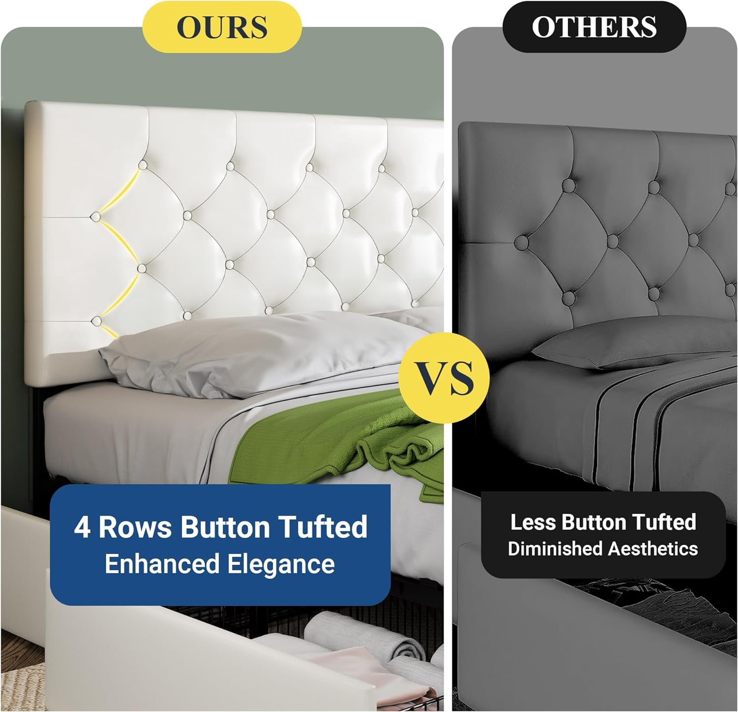 Allewie Upholstered King Size Platform Bed Frame with 4 Storage Drawers and Headboard, Diamond Stitched Button Tufted, White