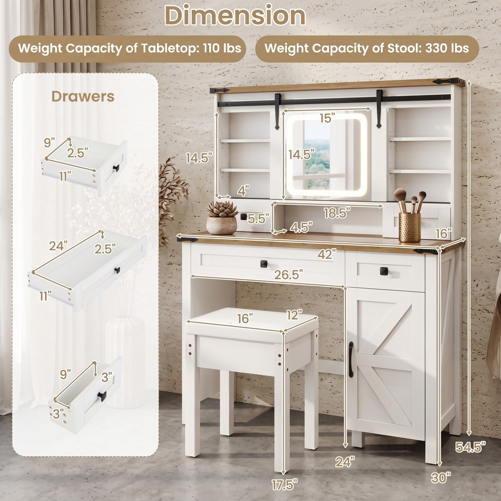 Furnibear Farmhouse Makeup Vanity Desk with 3 Color LED Sliding Mirror and 4 Drawers and Side Cabinet and Padded Stool, White