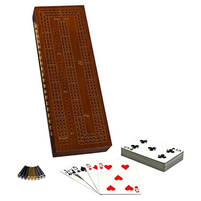WE games - Juego de cribbage de madera para 3 jugadores, clavijas de fácil agarre y 2 barajas de cartas en el interior del tablero, teñido de nogal WE Games 658956153037