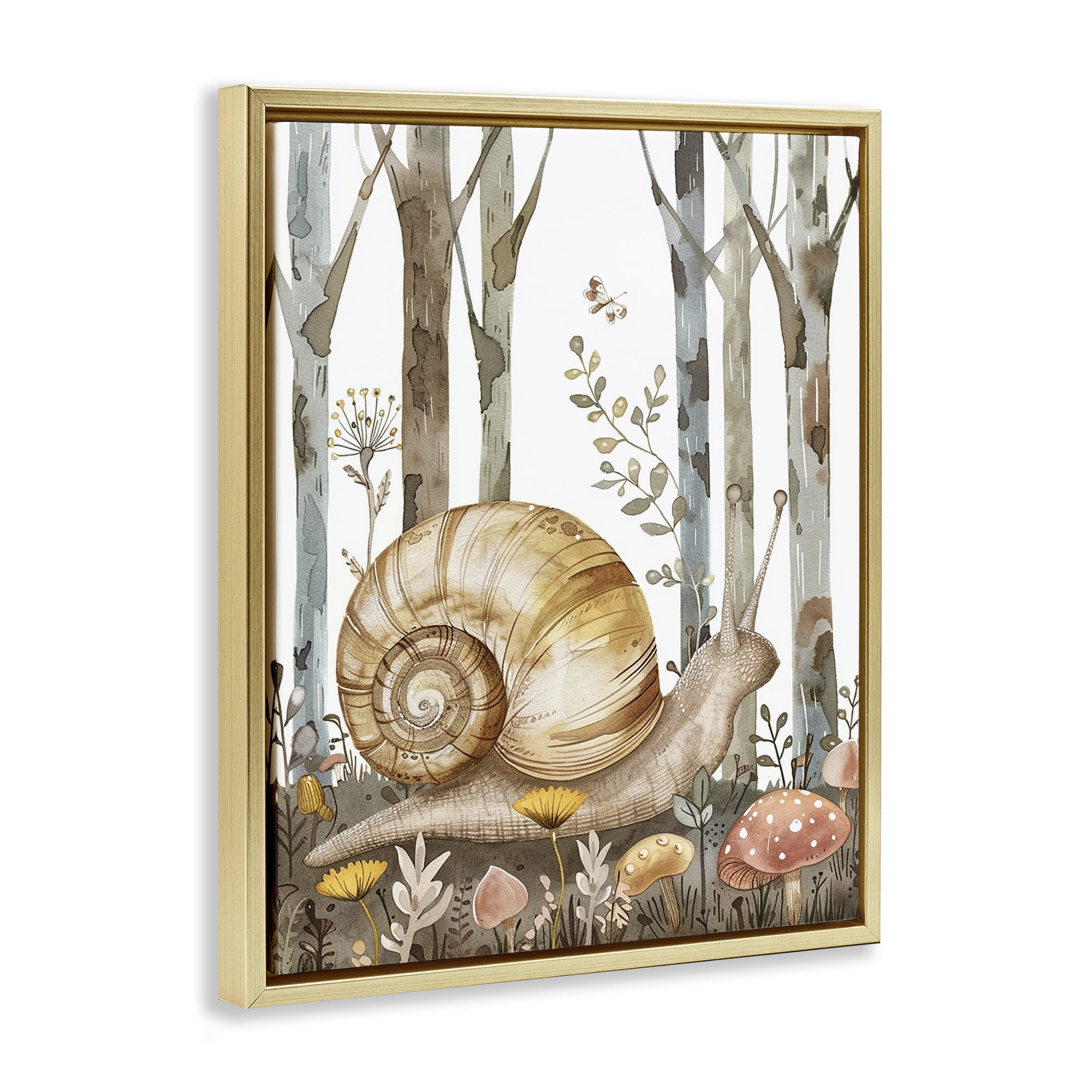 Stupell Industries Woodland Snail Nature Landscape & Nature Painting Gold Floater Framed Canvas Art Print Wall Art, 17 x 21