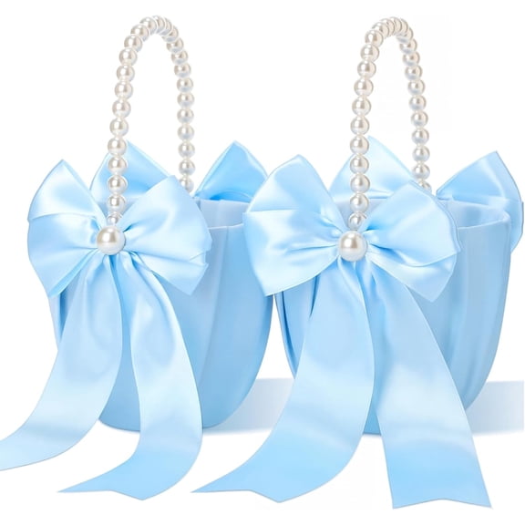 Set of 2 Wedding Flower Girl Baskets with Cute Pearl Handle Bowknot Satin Flower Baskets for Wedding Ceremony Anniversary(Blue)