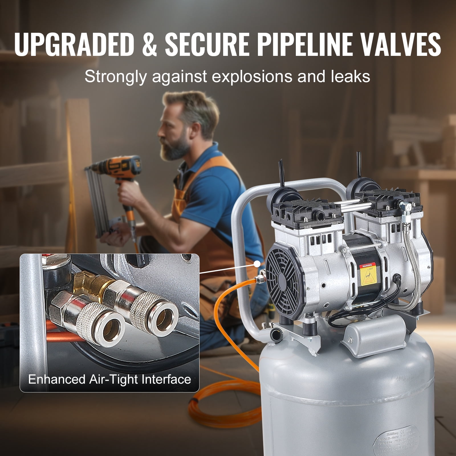 KFFKFF Air Compressor with 13 Gallon Capacity, 2HP 4.6 SCFM@90PSI Oil-Free, 66dB Ultra-Silent Operation, Suitable for Tire Pumping, Vehicle Maintenance, Woodwork Fastening, Spray Artistry