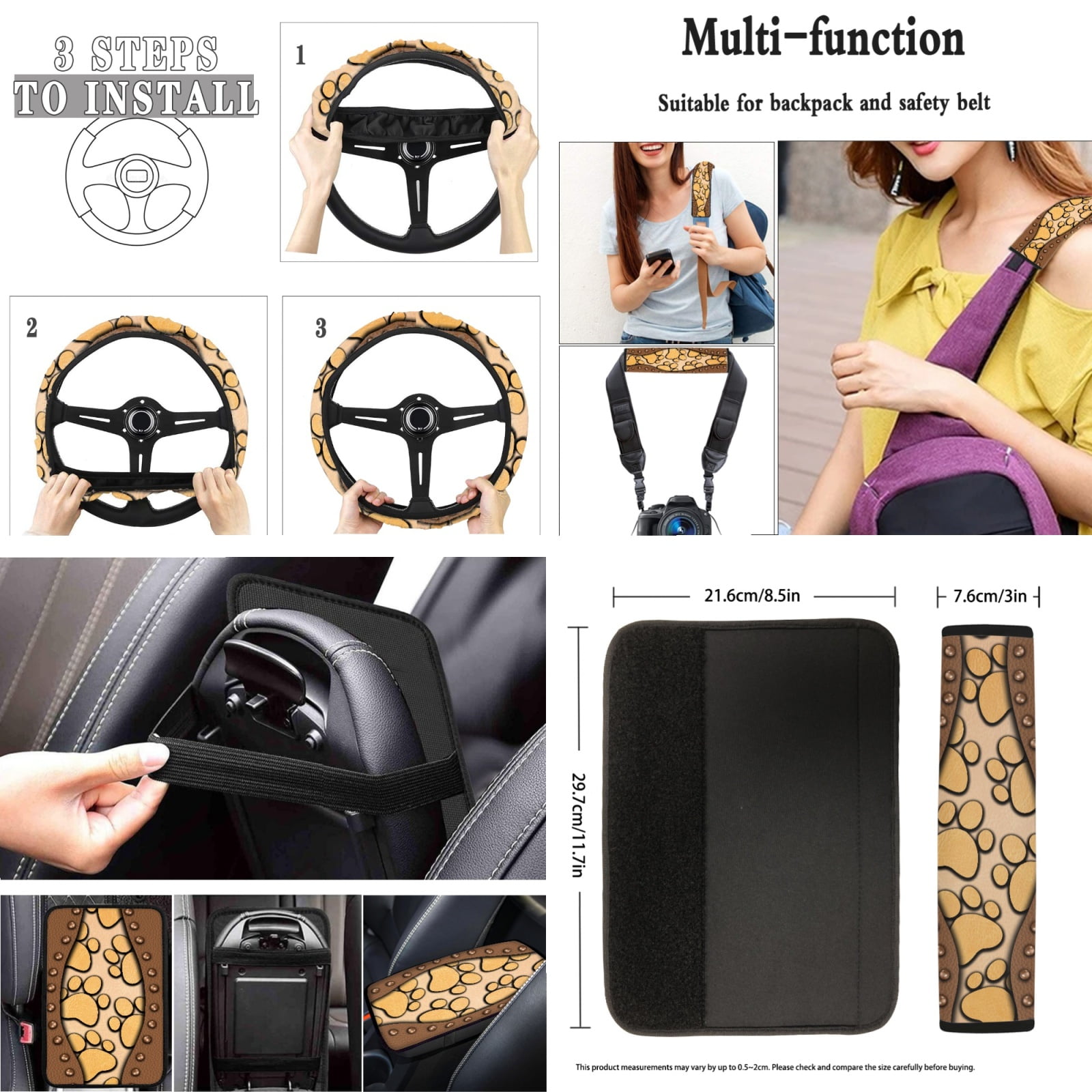 Jeiento Brown Paw Print Car Accessories Full Set Auto Seat Covers Floor Mats Steering Wheel Cover Armrest Cover Safety Belt Pad Cup Coasters Keychains 17 Pack Universal Fit for Most Vehicles