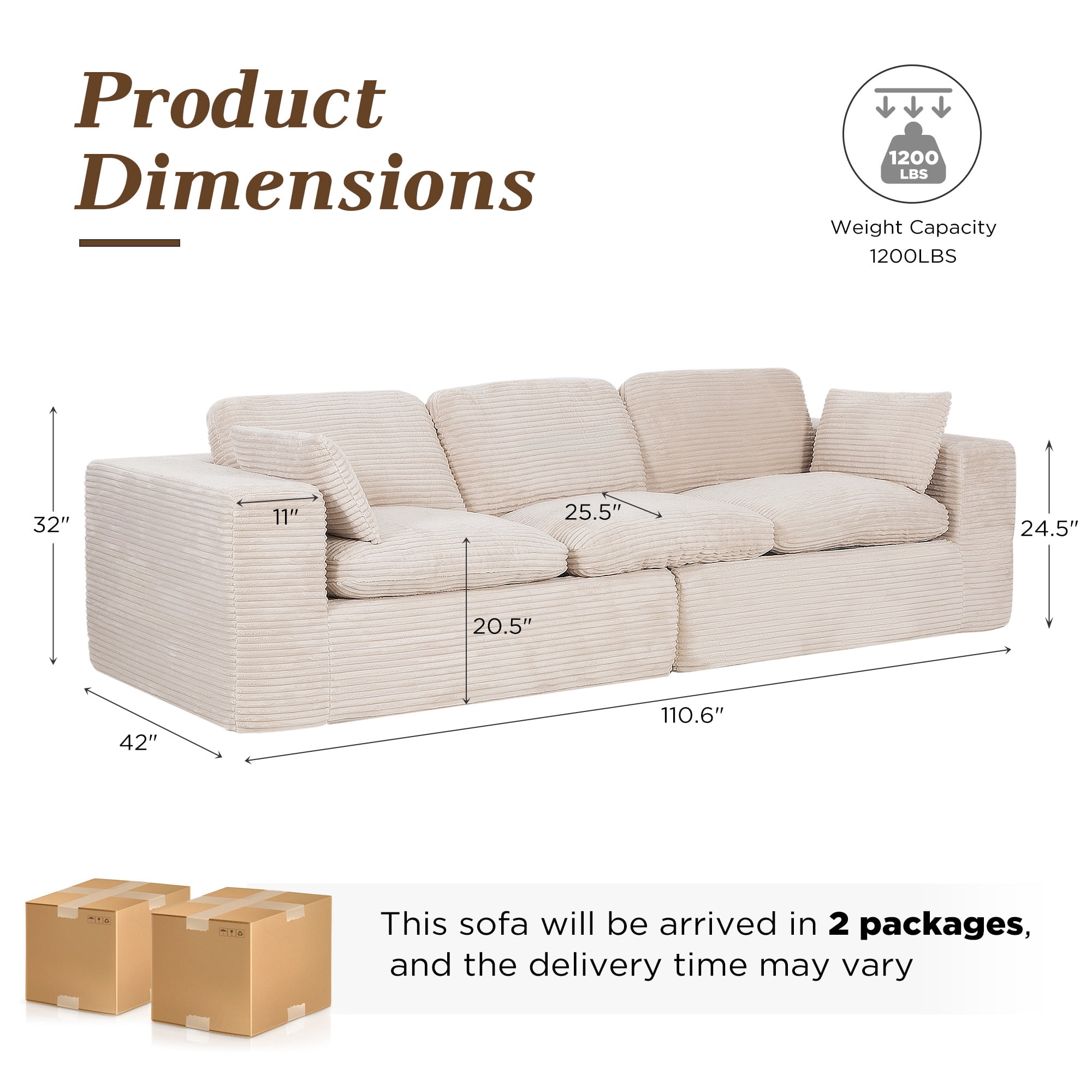 YODOLLA 110" Oversized Boneless Couch for Living Room,Cloud Sectional Sofa with Fluffy Corduroy Seat Cushions, 3 Seater Upholstered Floor Sofa, No Assembly Required, Beige