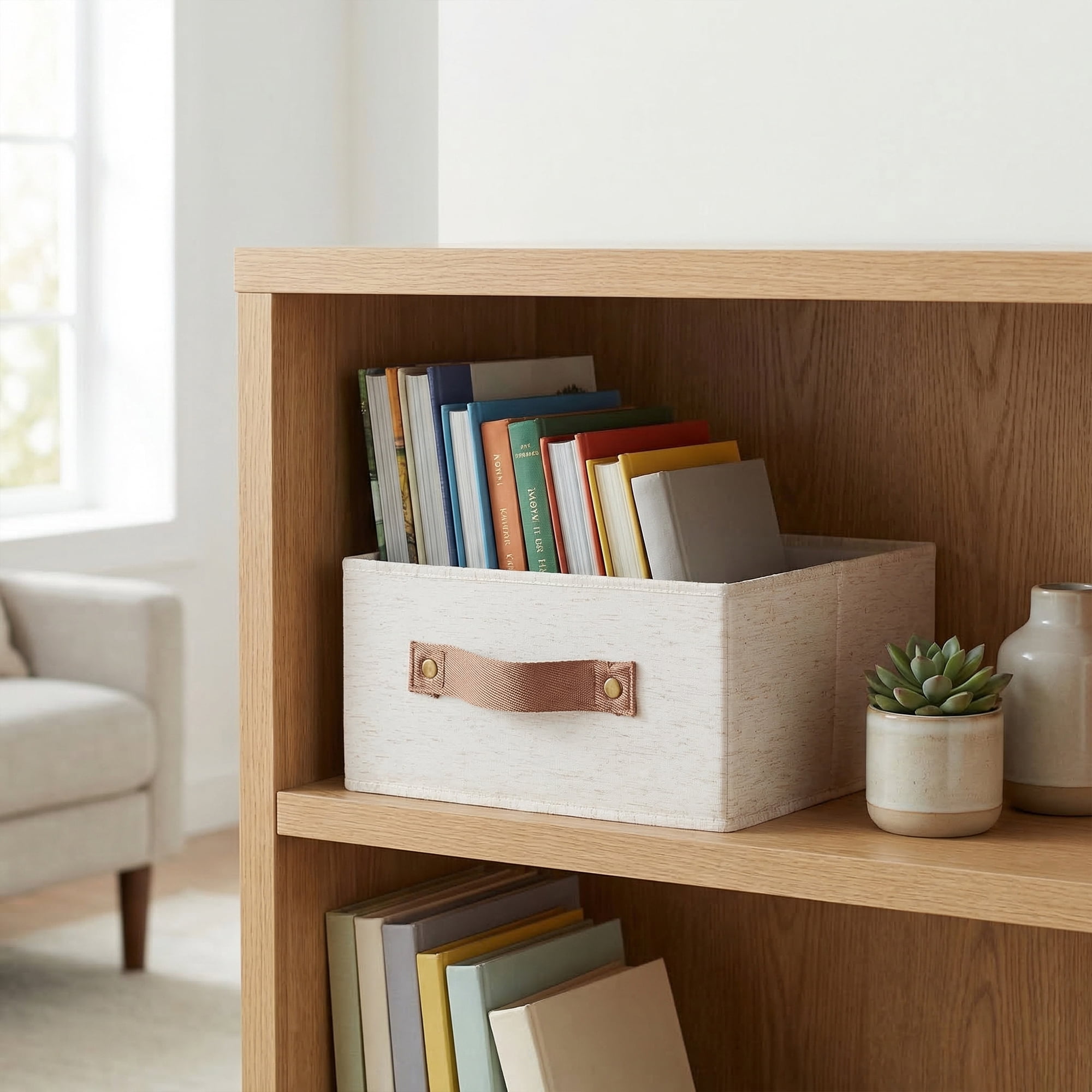 Unique Bargains 1pc Fabric Storage Bin with Handles Beige 12.2*12.2*5.9in